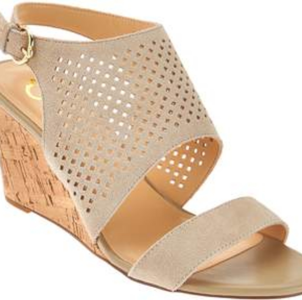 C.Wonder Sheila Sz 8M perforated tan suede cork heel leather sandals